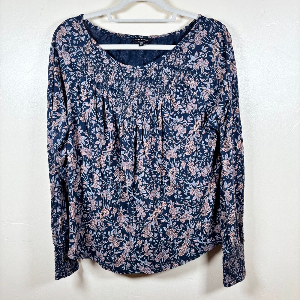 Lucky Brand Floral Smocked Blouse Women's Large Navy Floral L/S Stretch Boho